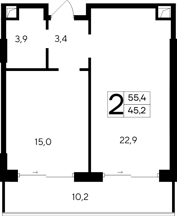 2-к, 55.4 м² · Ривьера Евпатории
