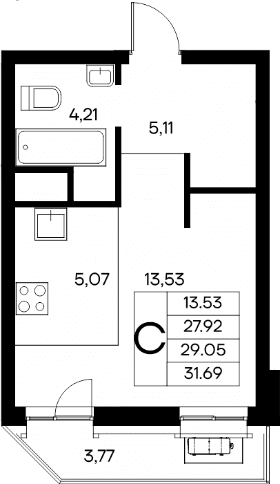 Студия, 31.69 м² · Новый Судак
