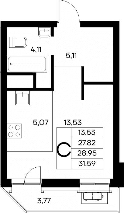 Студия, 31.59 м² · Новый Судак