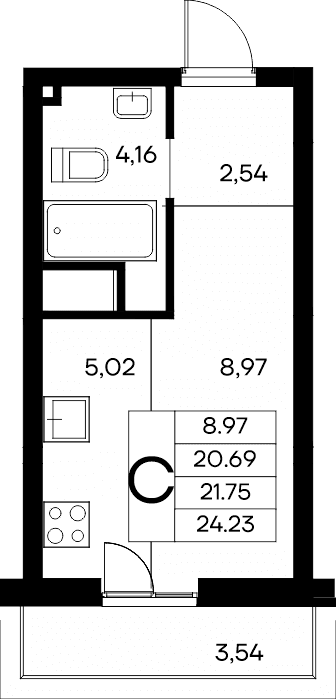 Студия, 24.23 м² · Новый Судак