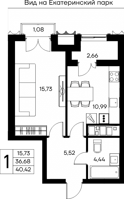 1-к, 40.42 м² · КД Столица