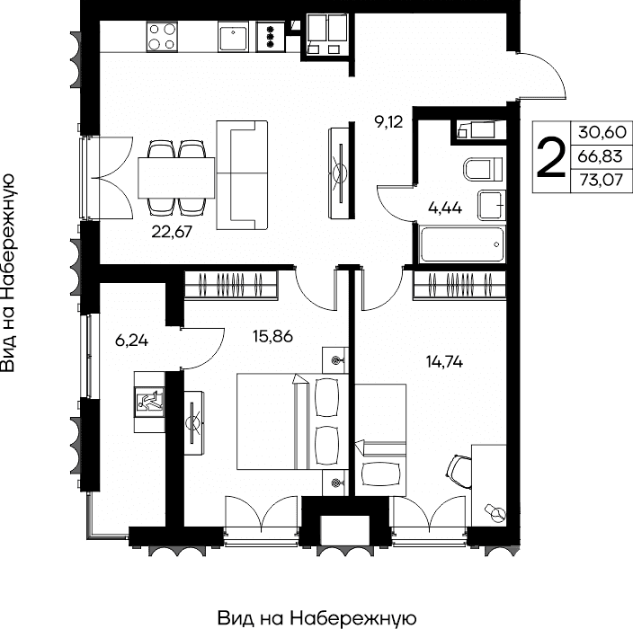 2-к, 73.07 м² · КД Столица