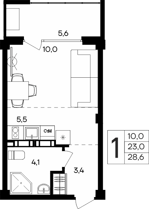 1-к, 28.6 м² · Альморе