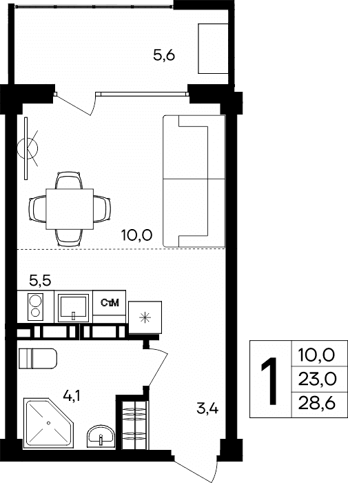 1-к, 28.6 м² · Альморе