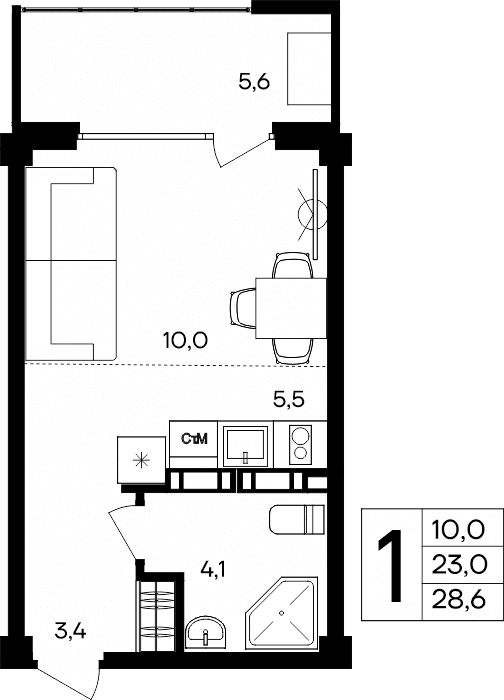 1-к, 28.6 м² · Альморе
