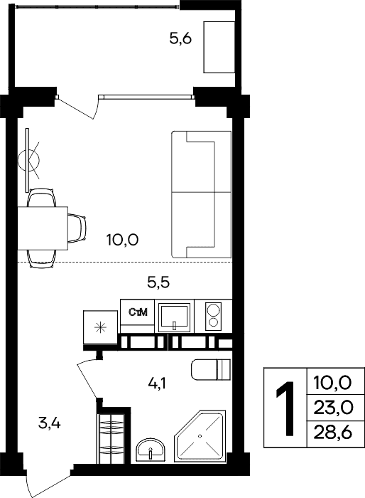 1-к, 28.6 м² · Альморе