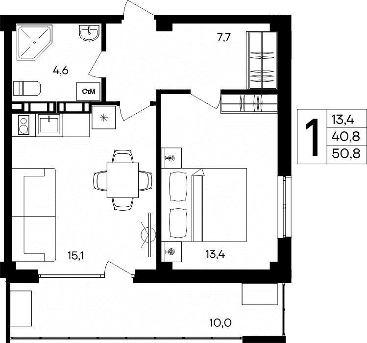 1-к, 50.8 м² · Альморе