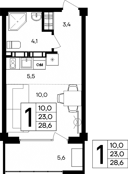 1-к, 28.6 м² · Альморе