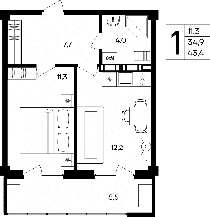 1-к, 43.4 м² · Альморе