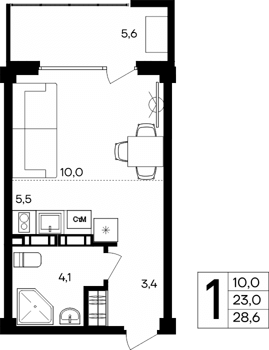1-к, 28.6 м² · Альморе