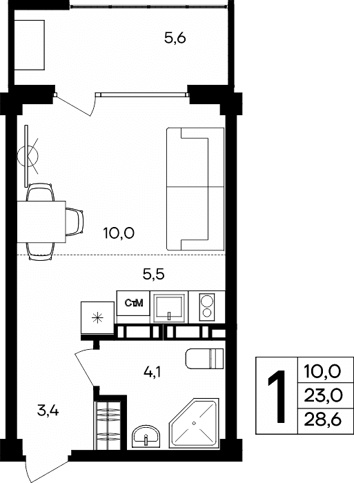 1-к, 28.6 м² · Альморе
