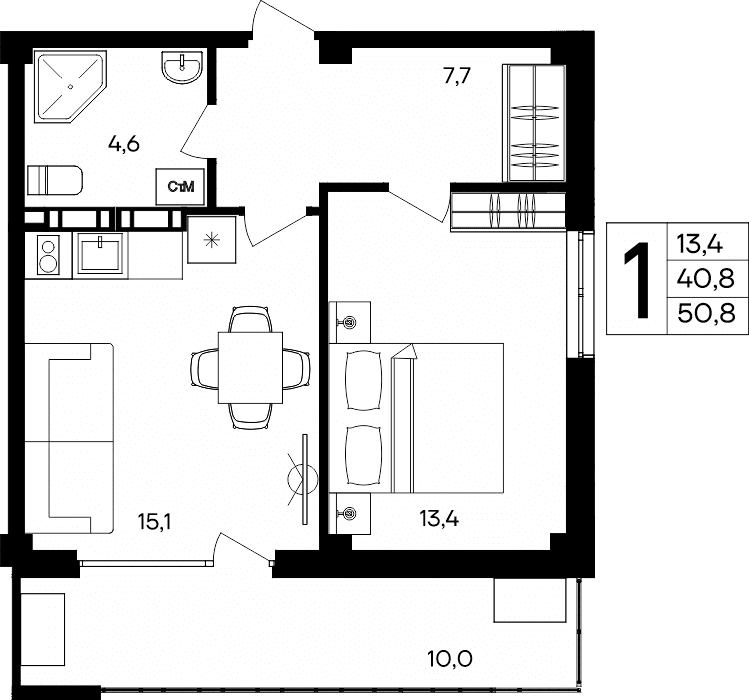 1-к, 50.8 м² · Альморе