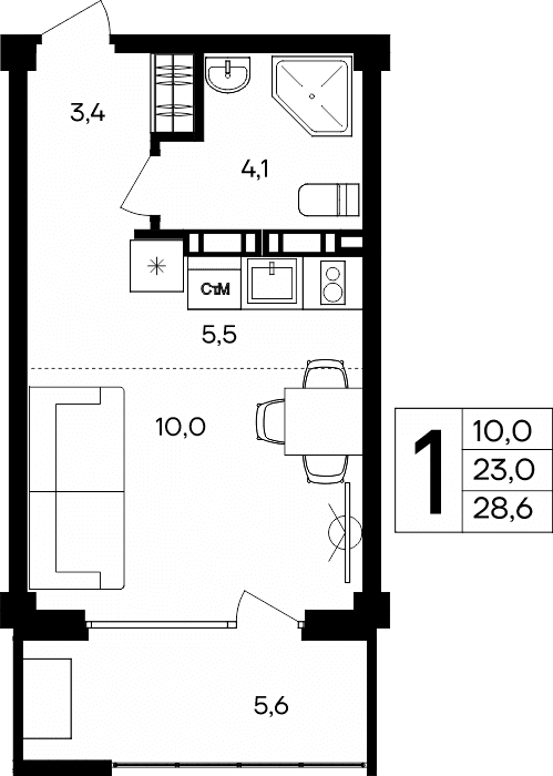 1-к, 28.6 м² · Альморе