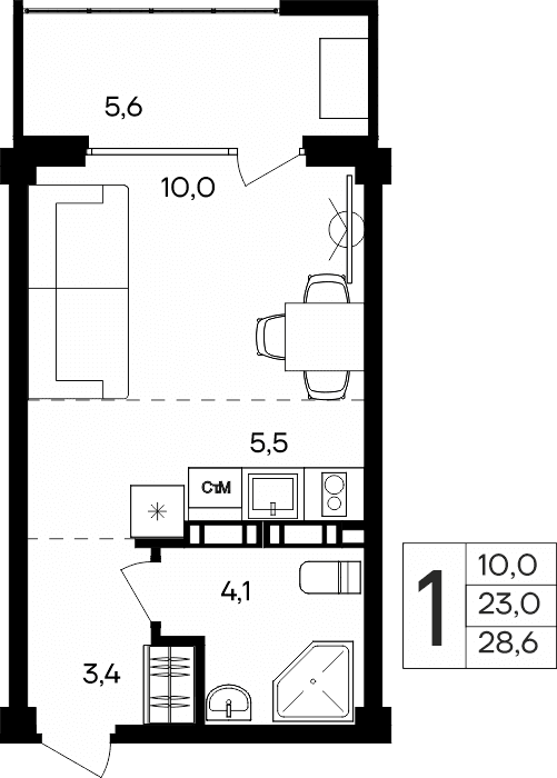 1-к, 28.6 м² · Альморе