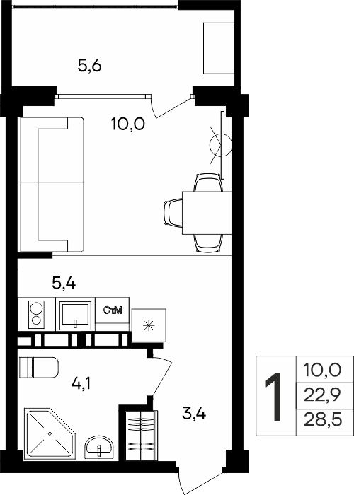 1-к, 28.5 м² · Альморе
