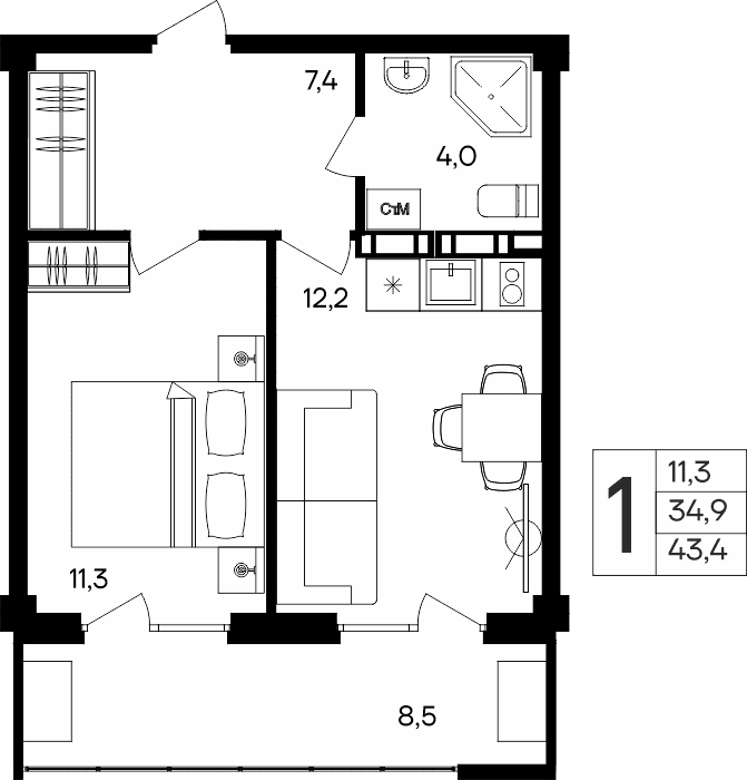 1-к, 43.4 м² · Альморе
