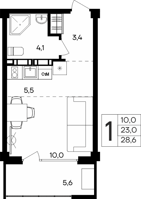 1-к, 28.6 м² · Альморе