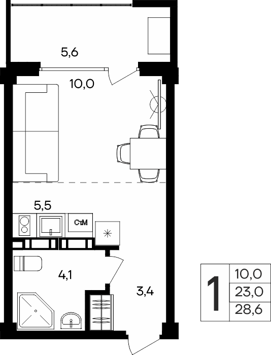 1-к, 28.6 м² · Альморе