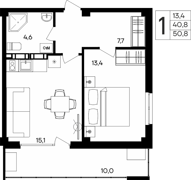 1-к, 50.8 м² · Альморе