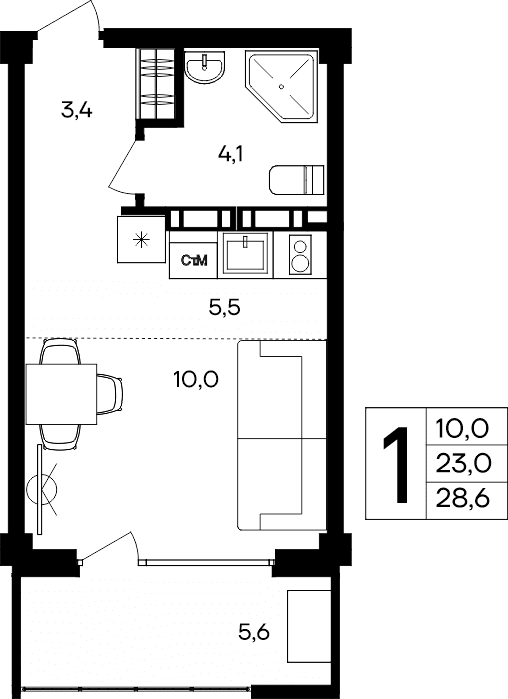 1-к, 28.6 м² · Альморе