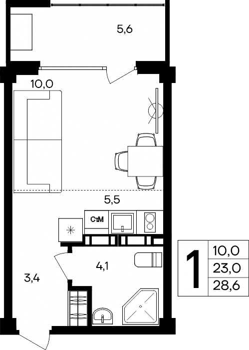 1-к, 28.6 м² · Альморе