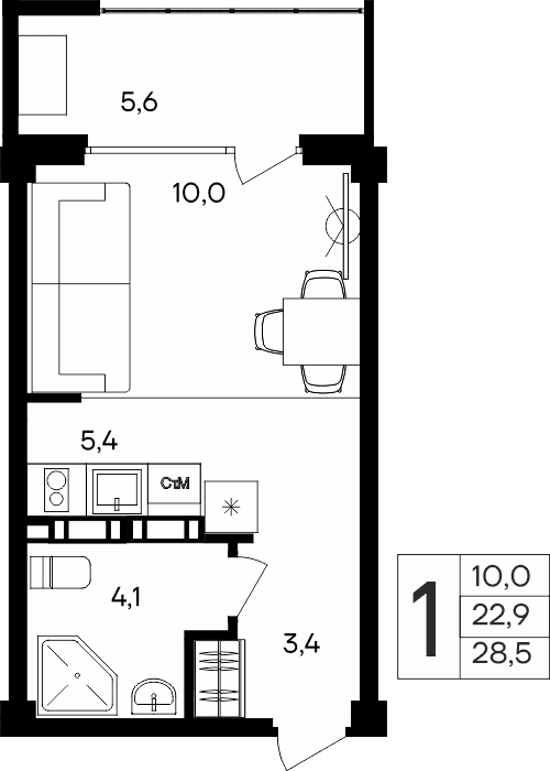 1-к, 28.5 м² · Альморе
