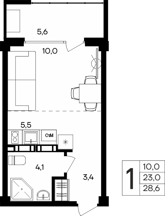 1-к, 28.6 м² · Альморе