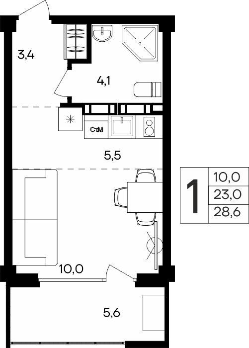 1-к, 28.6 м² · Альморе