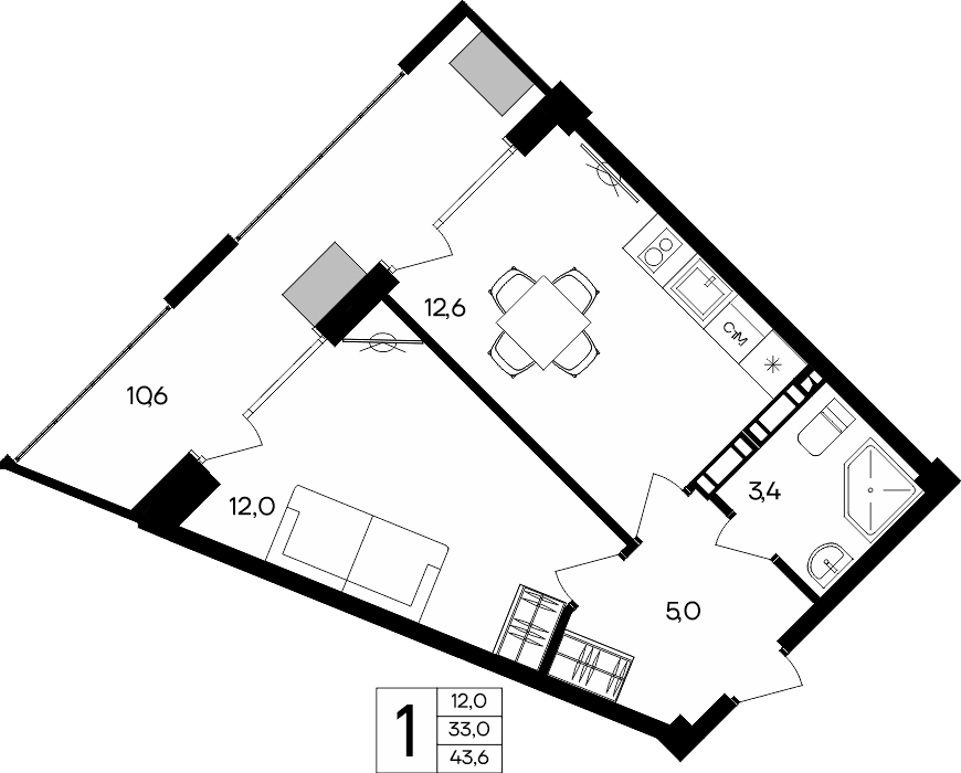 1-к, 43.6 м² · Альморе