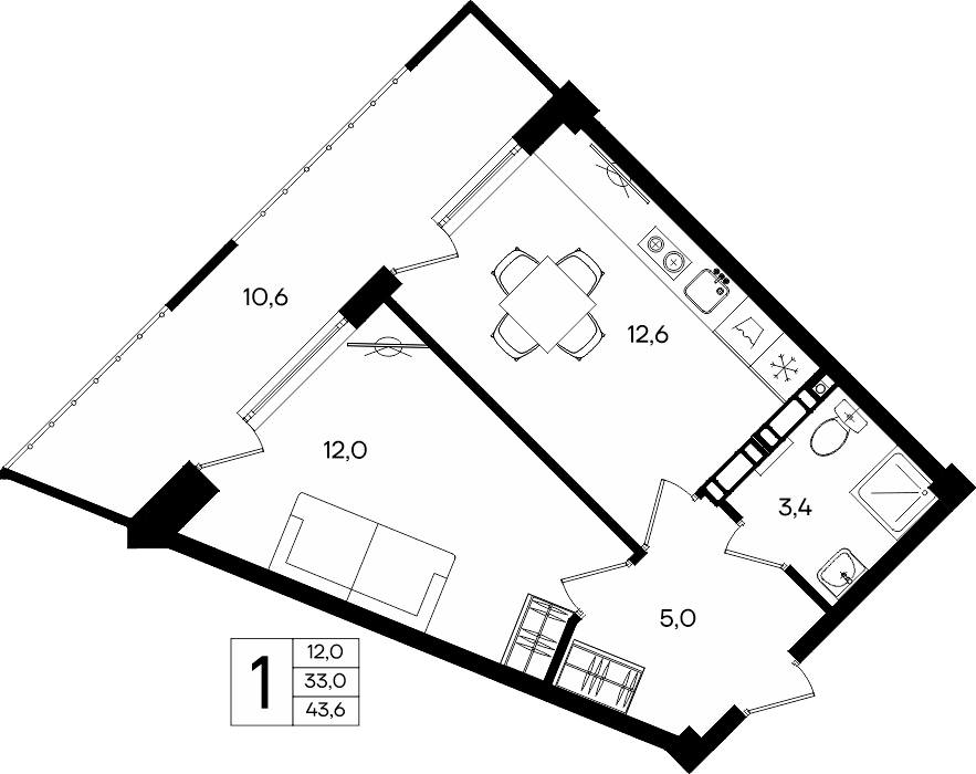 1-к, 43.6 м² · Альморе