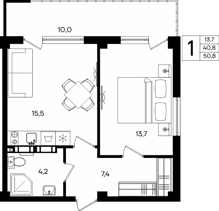 1-к, 50.8 м² · Альморе