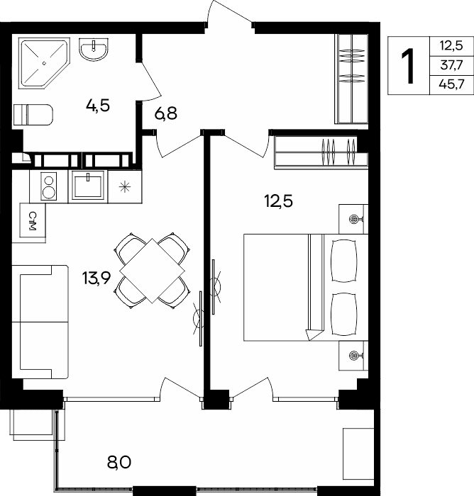 1-к, 45.7 м² · Альморе