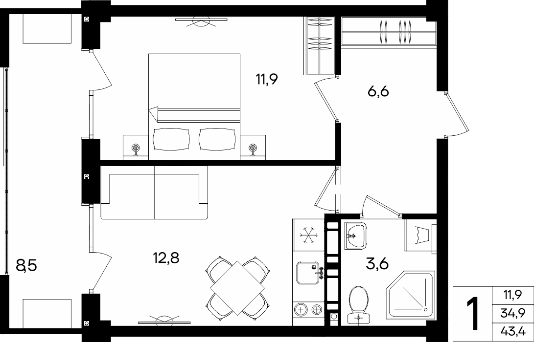 1-к, 43.4 м² · Альморе