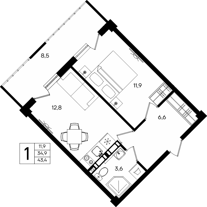 1-к, 43.4 м² · Альморе