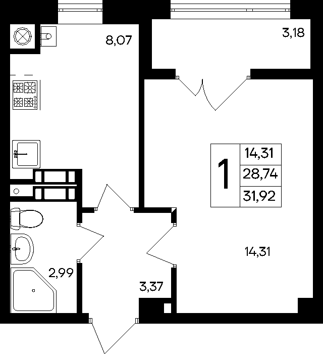 1-к, 31.92 м² · Парковые кварталы