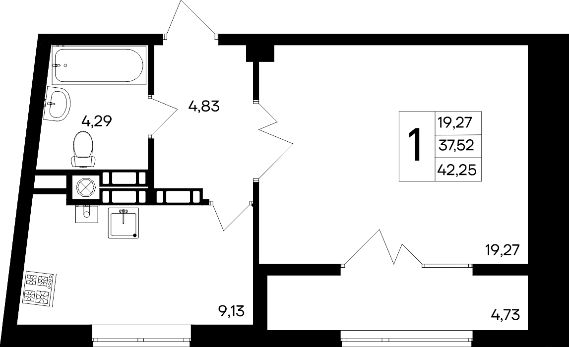1-к, 42.25 м² · Парковые кварталы