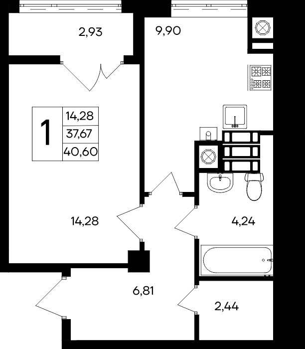 1-к, 40.6 м² · Парковые кварталы