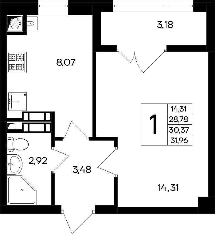1-к, 31.96 м² · Парковые кварталы