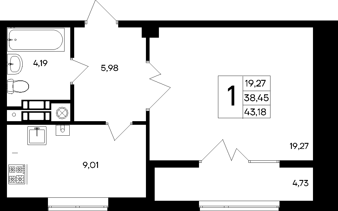 1-к, 43.18 м² · Парковые кварталы