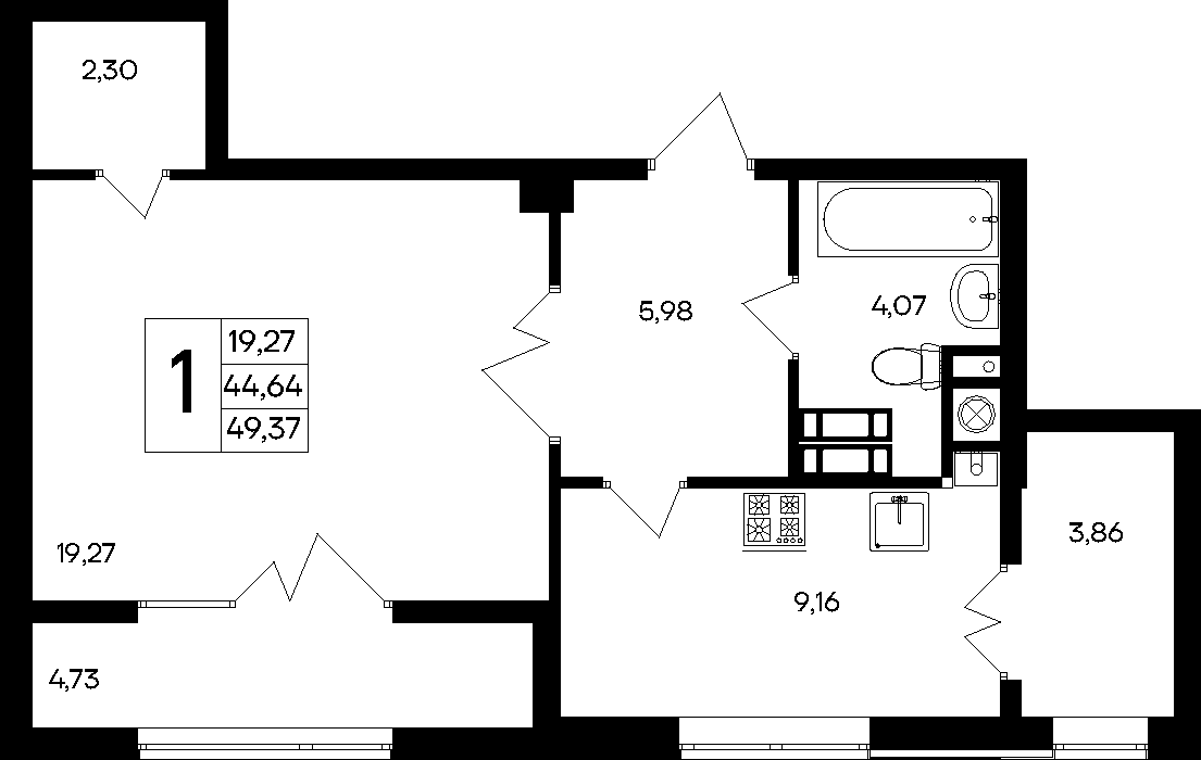 1-к, 49.37 м² · Парковые кварталы