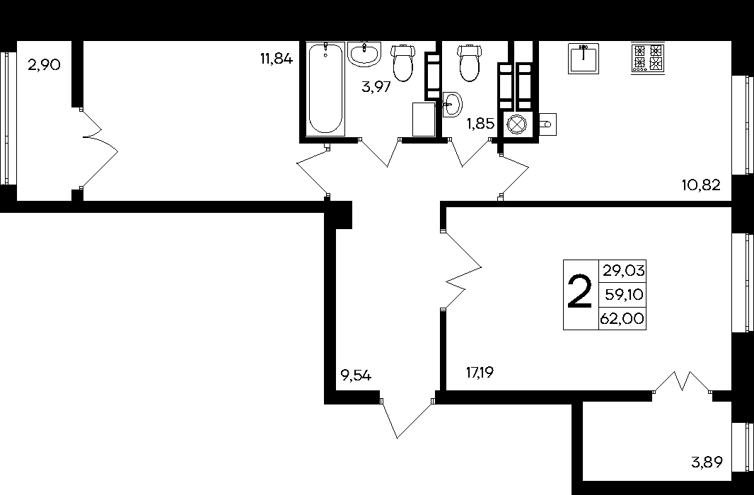 2-к, 62 м² · Парковые кварталы