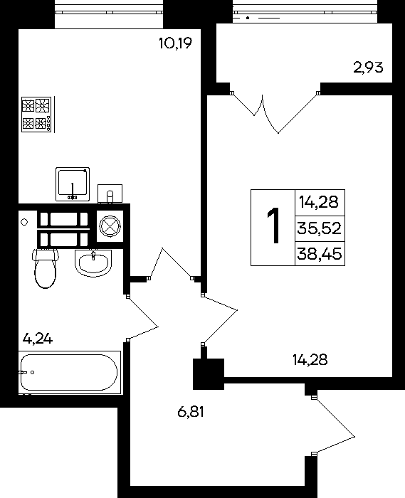 1-к, 38.45 м² · Парковые кварталы