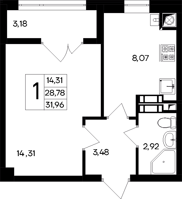 1-к, 31.96 м² · Парковые кварталы
