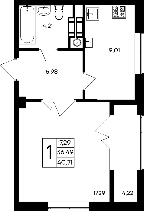 1-к, 40.71 м² · Парковые кварталы