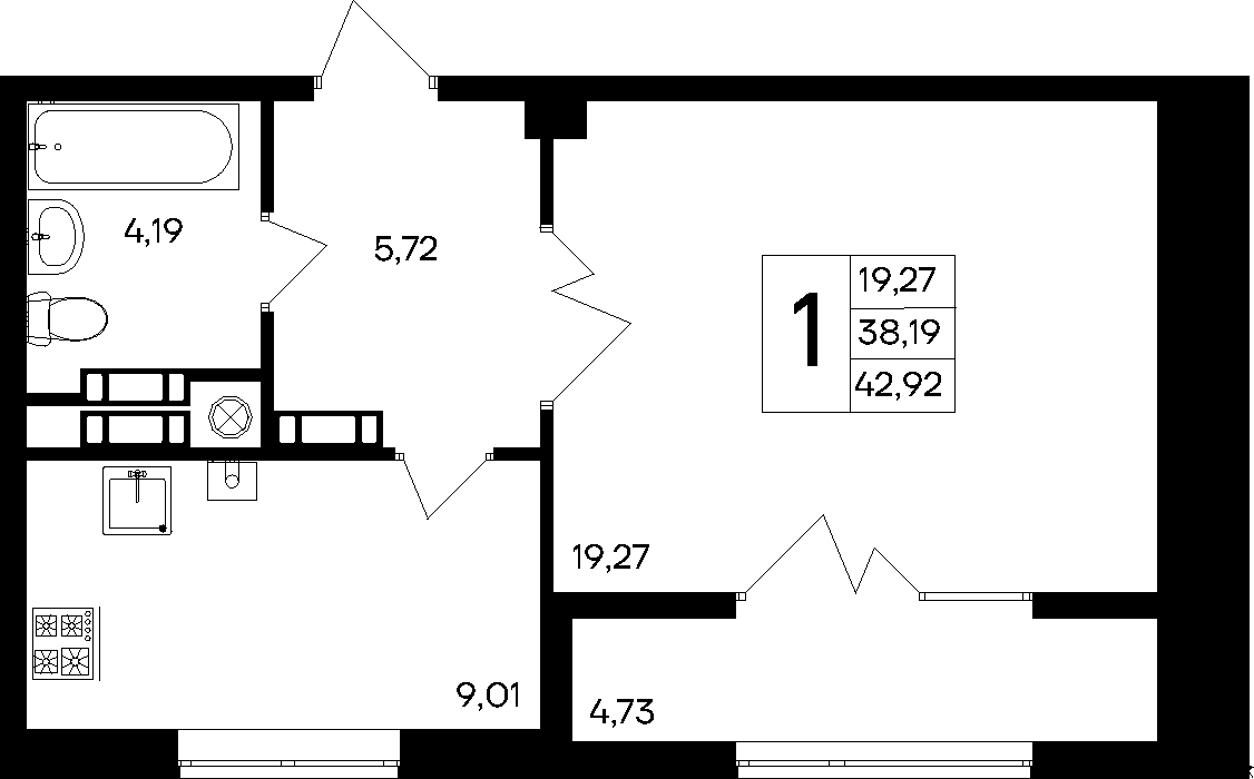 1-к, 42.92 м² · Парковые кварталы