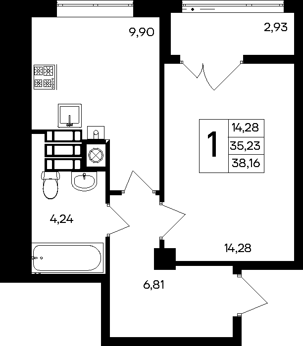 1-к, 38.16 м² · Парковые кварталы