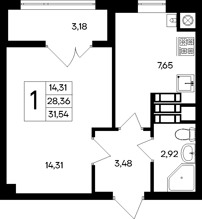 1-к, 31.54 м² · Парковые кварталы