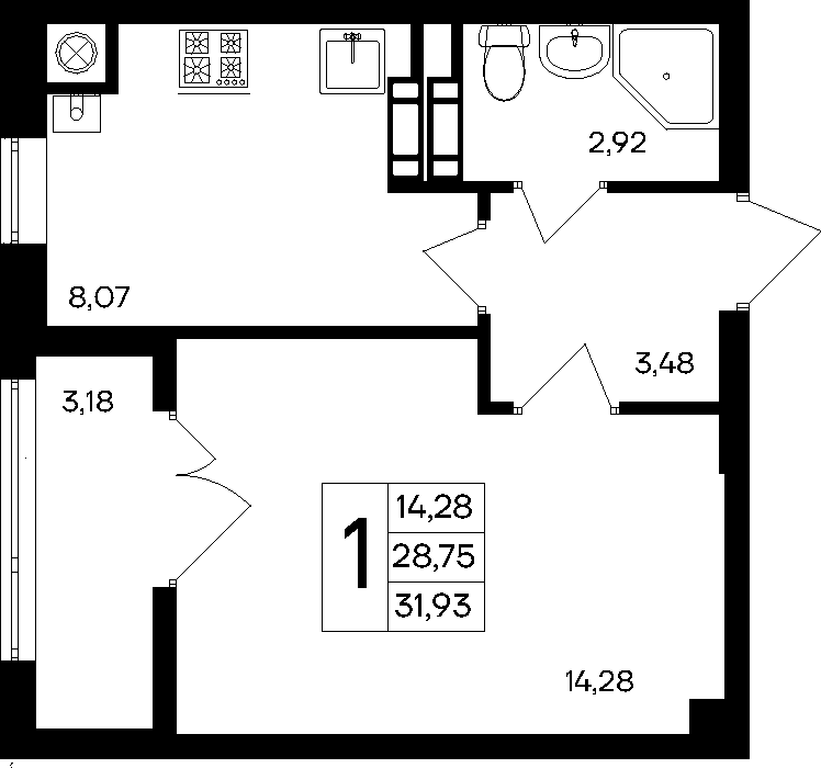 1-к, 31.93 м² · Парковые кварталы
