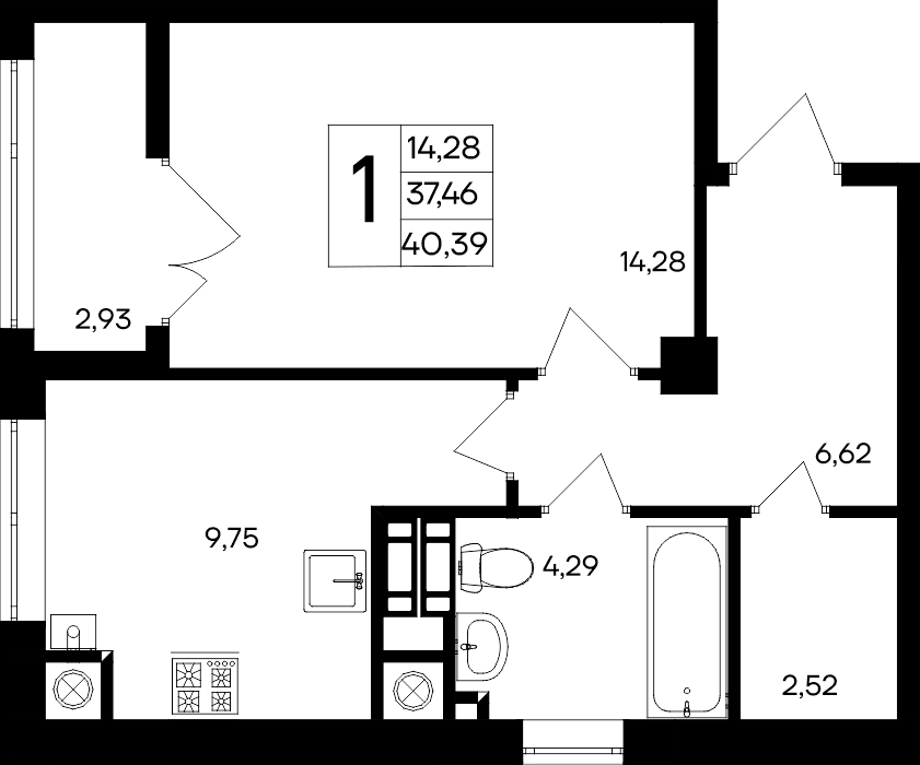 1-к, 40.39 м² · Парковые кварталы