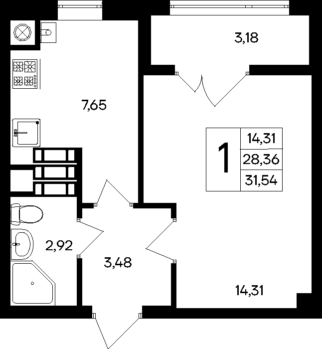 1-к, 31.54 м² · Парковые кварталы
